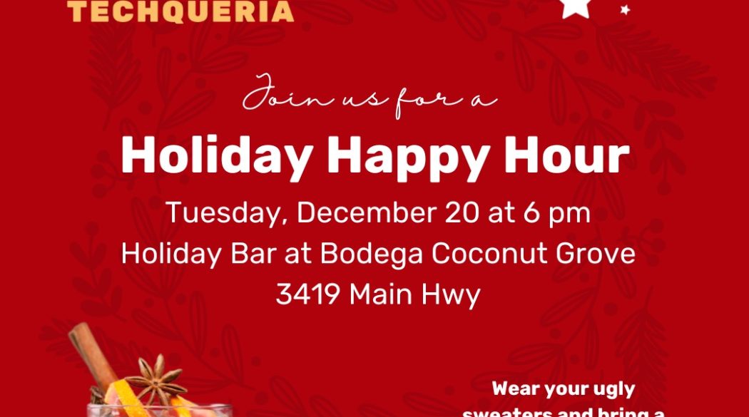 Miami Holiday Happy Hour Flyer. It's bright red with a cocktail and some decorations that look like gifts on it.
